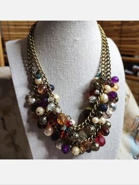 2 Strand Oxidized Brass Beaded Faux Pearl Bauble SHA Filigree Balls Necklace